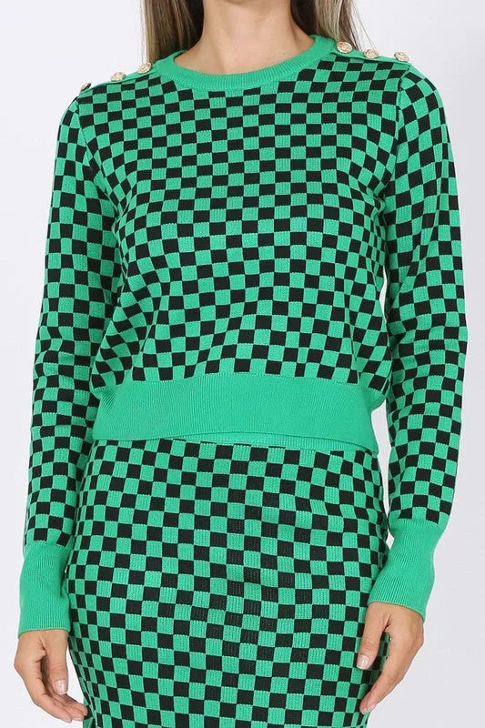 Green Monochrome Check Sweater Set