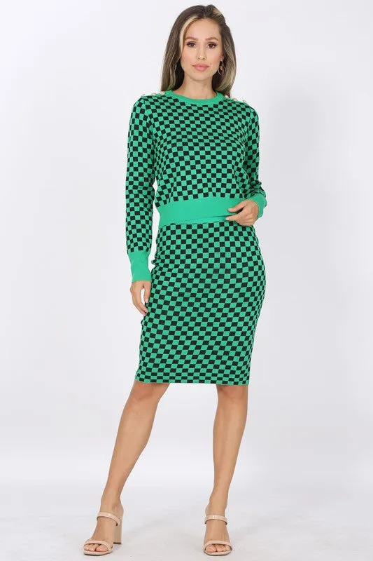 Green Monochrome Check Sweater Set