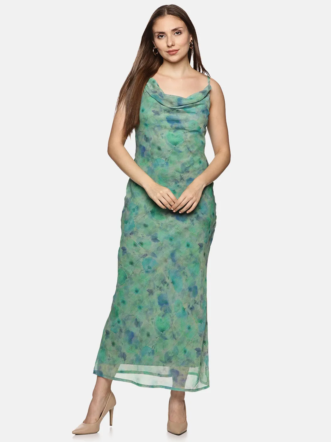 IS.U Floral Green Cowl Neck Slip Dress
