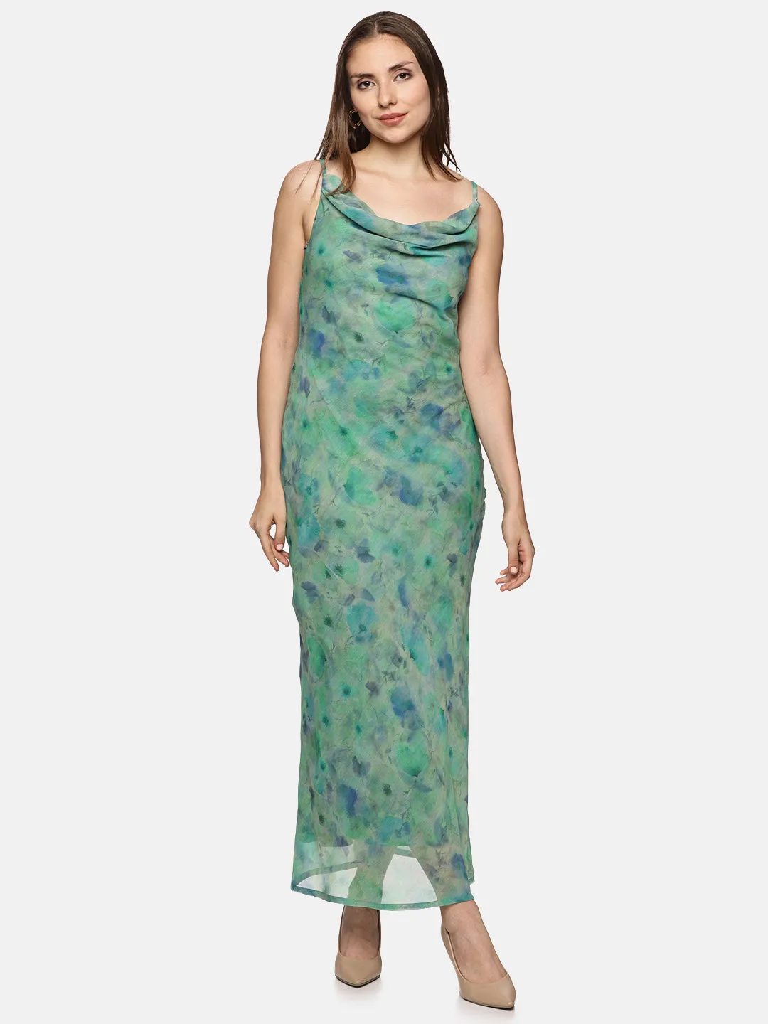 IS.U Floral Green Cowl Neck Slip Dress