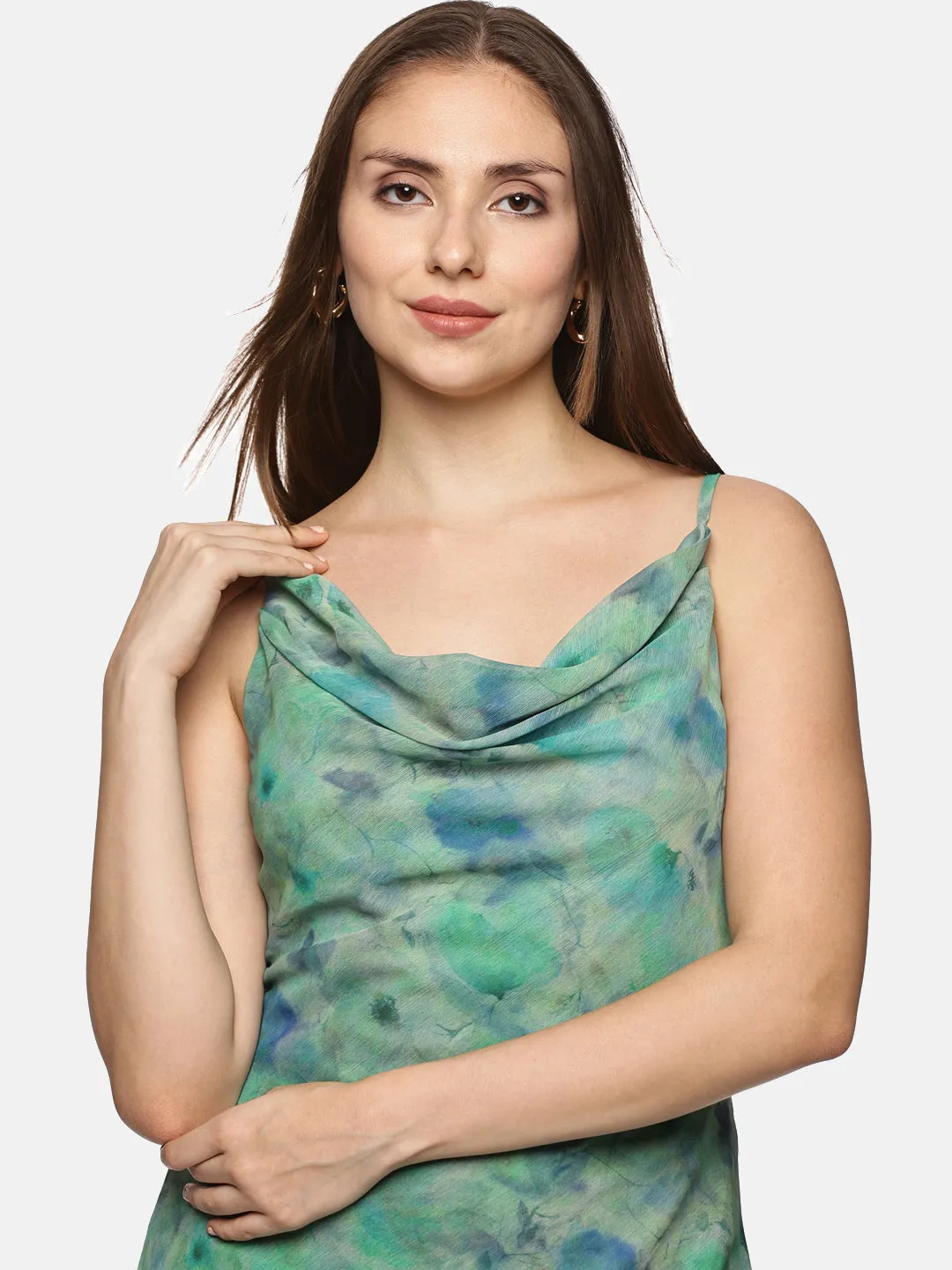 IS.U Floral Green Cowl Neck Slip Dress