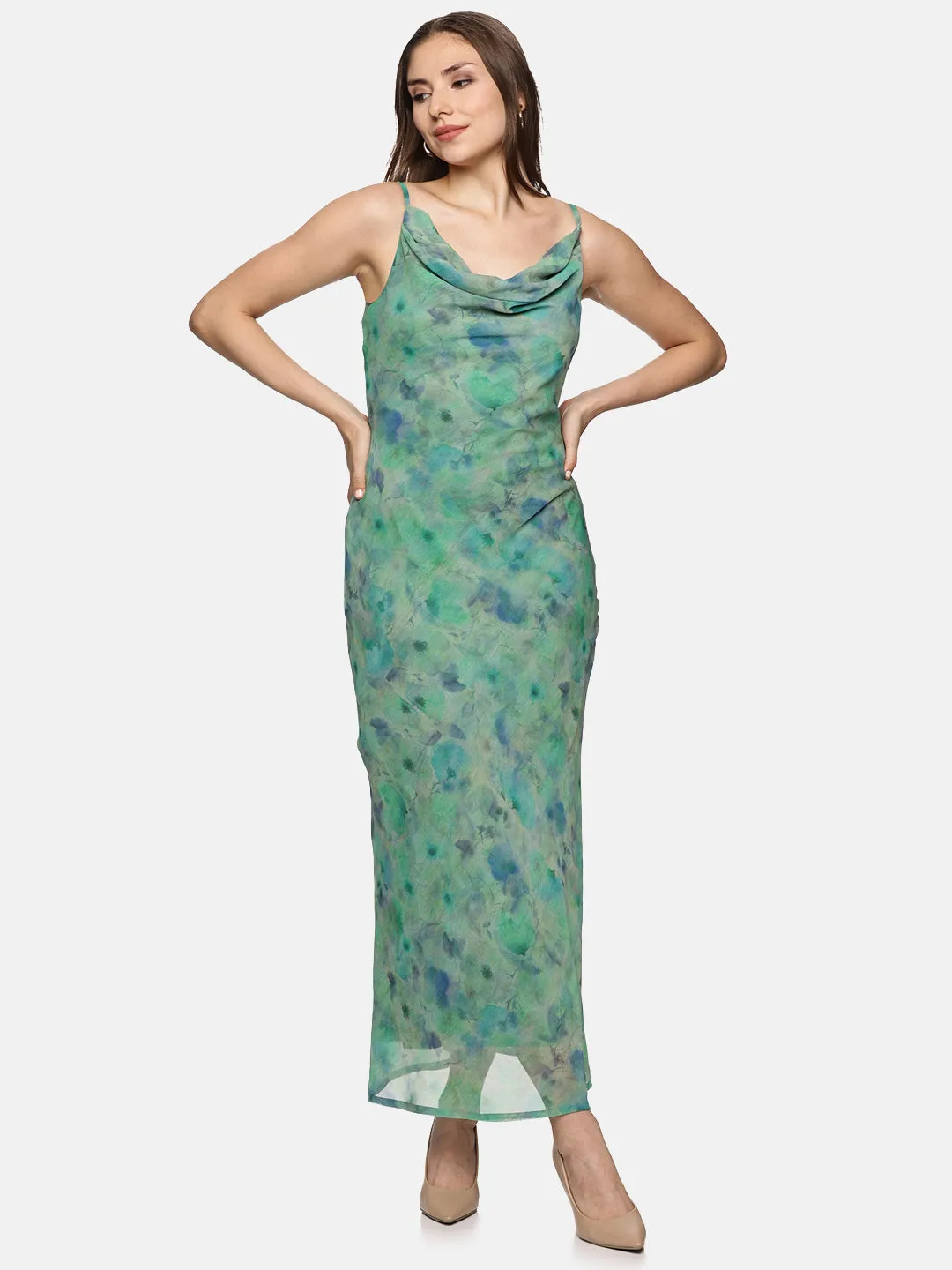 IS.U Floral Green Cowl Neck Slip Dress