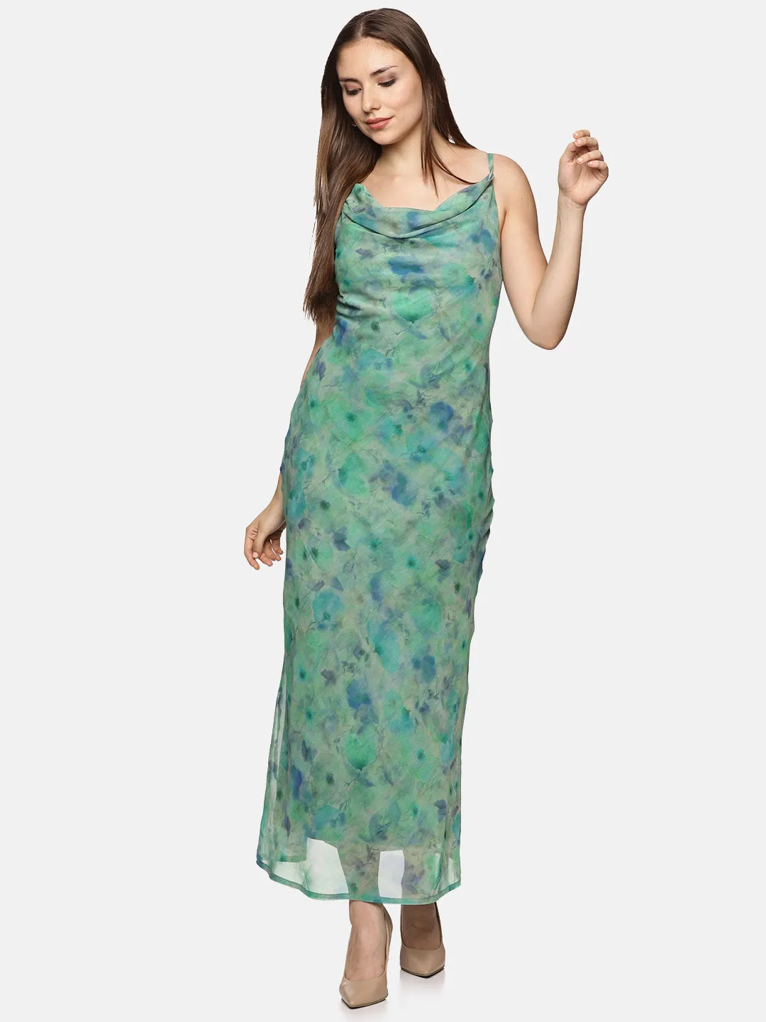 IS.U Floral Green Cowl Neck Slip Dress