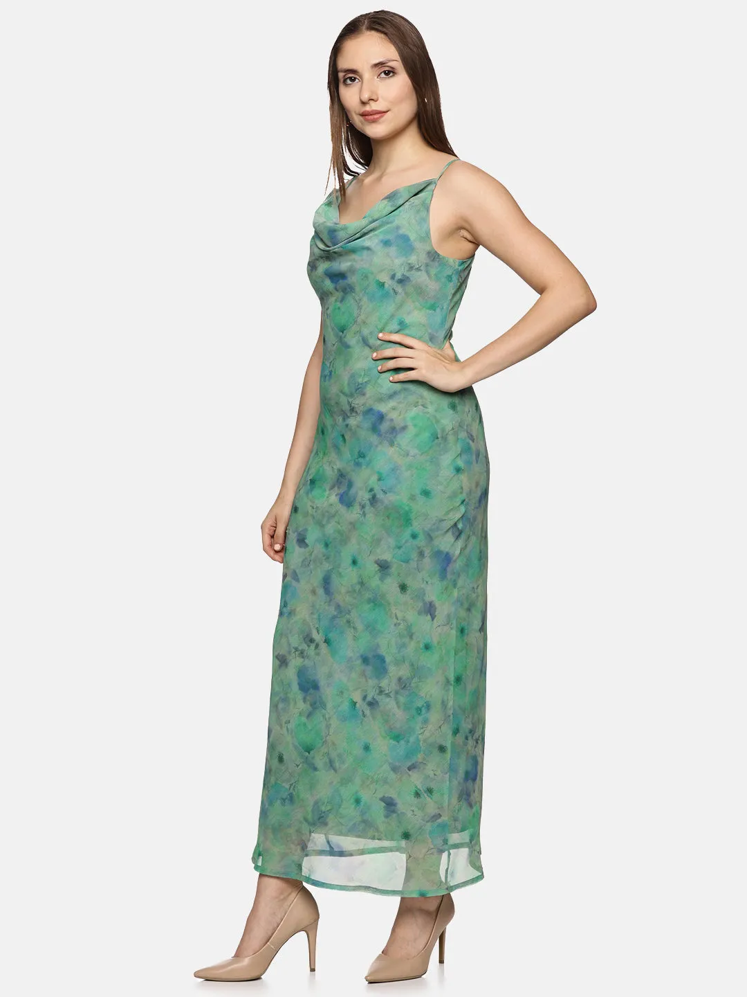 IS.U Floral Green Cowl Neck Slip Dress