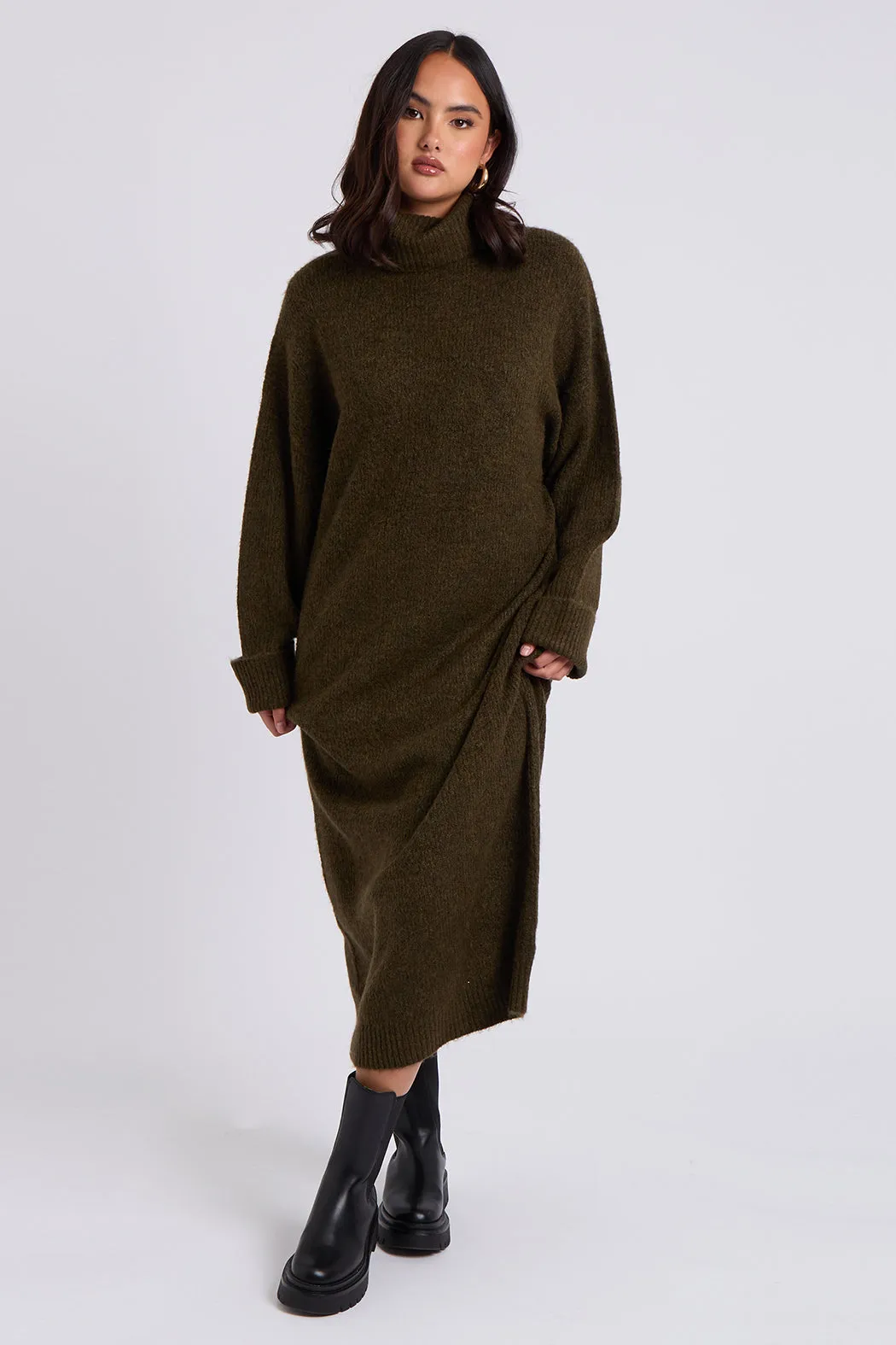 Khaki Roll Neck Midaxi Dress