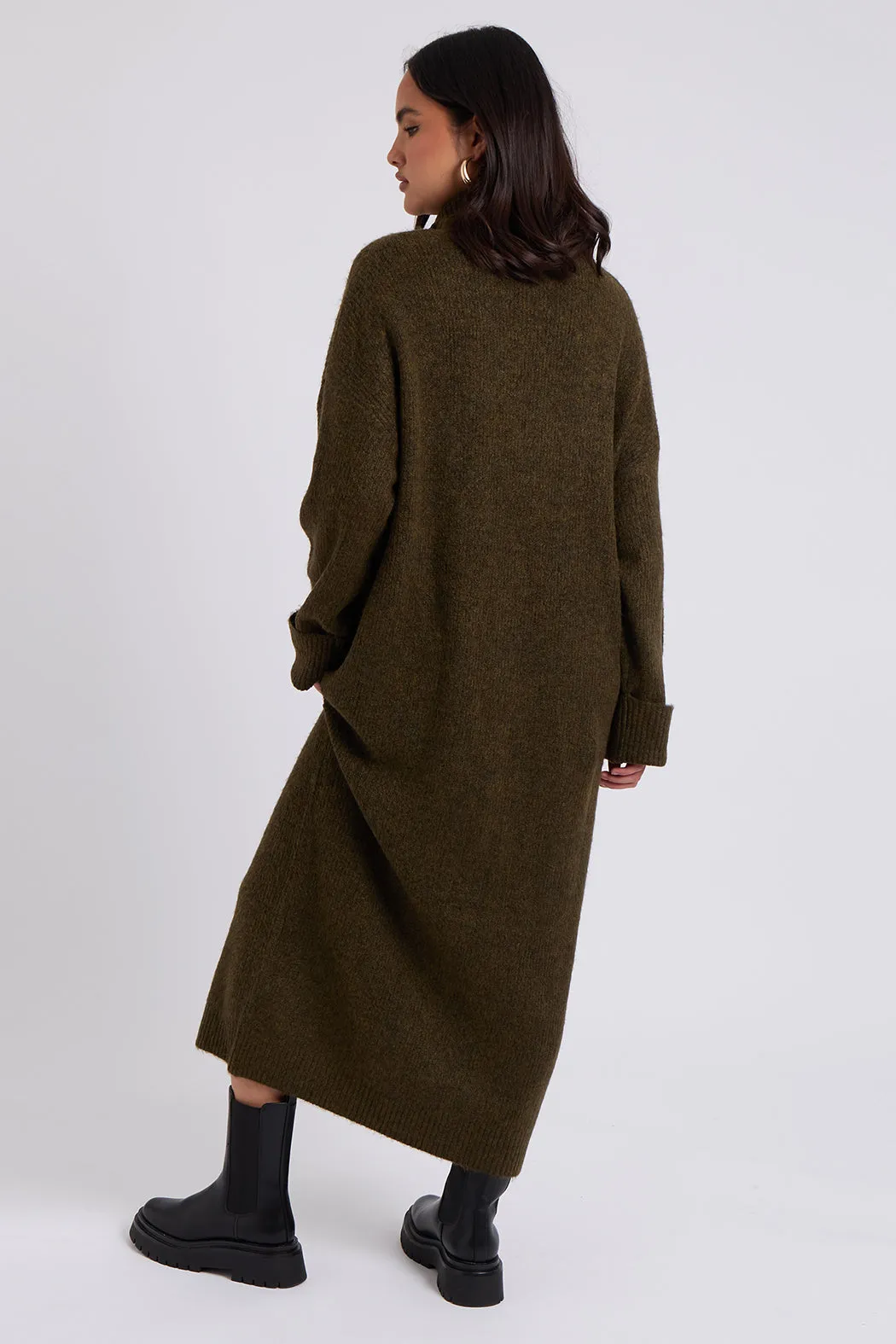 Khaki Roll Neck Midaxi Dress