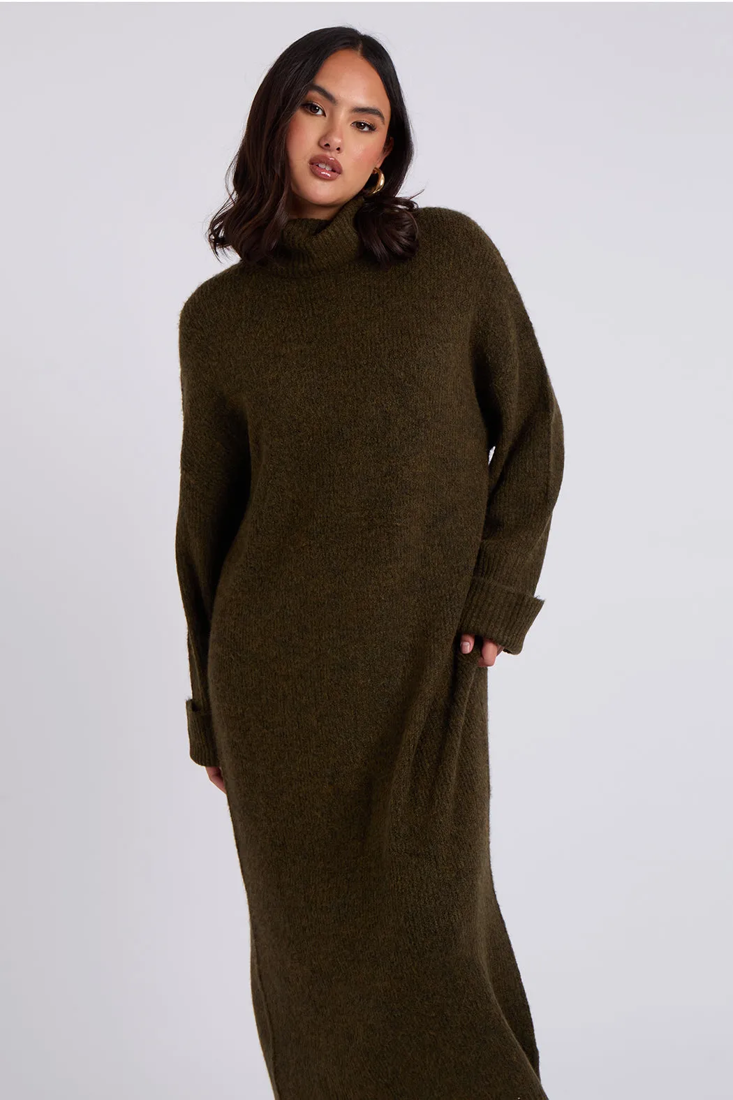 Khaki Roll Neck Midaxi Dress