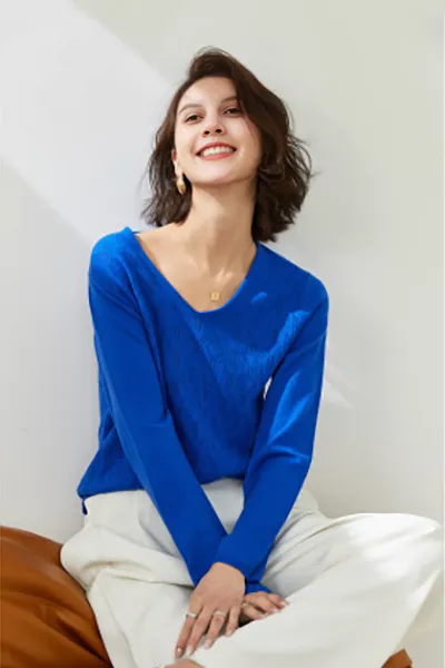 Lightweight V Neck Cable Knit Wool Sweater