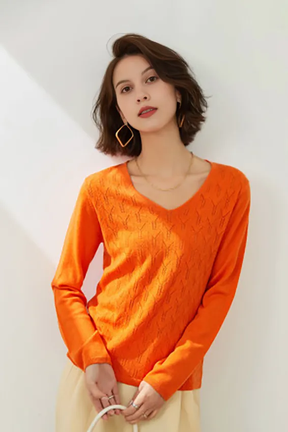 Lightweight V Neck Cable Knit Wool Sweater