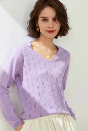 Lightweight V Neck Cable Knit Wool Sweater