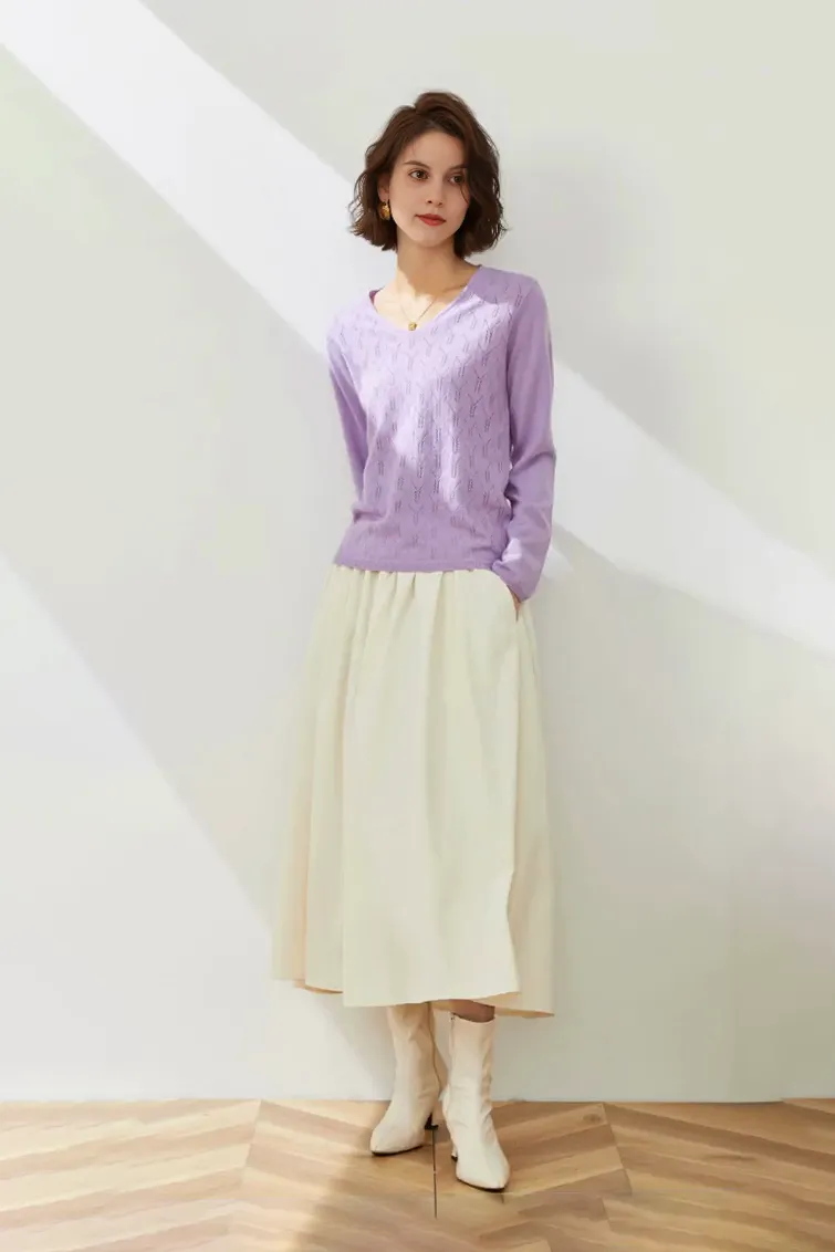 Lightweight V Neck Cable Knit Wool Sweater