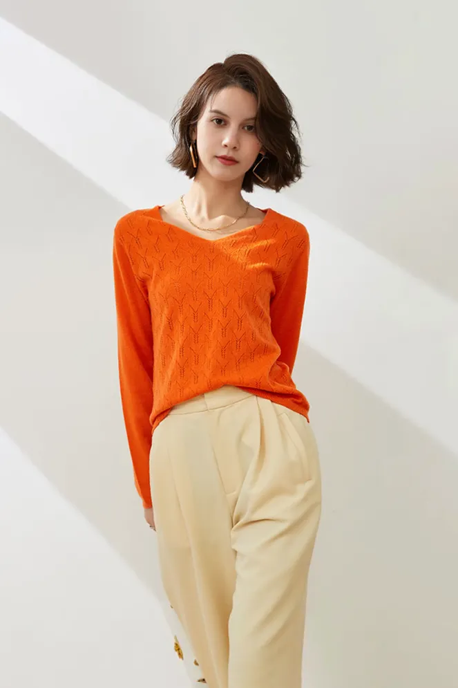 Lightweight V Neck Cable Knit Wool Sweater