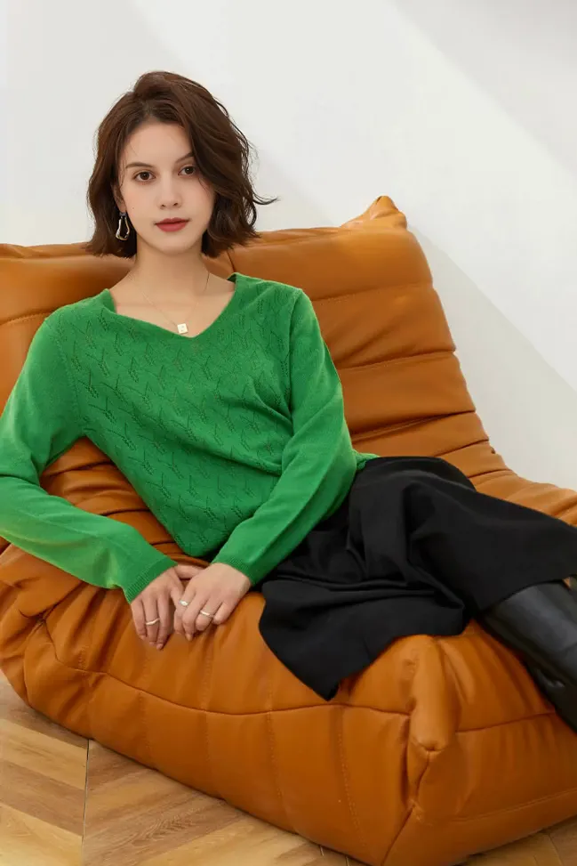 Lightweight V Neck Cable Knit Wool Sweater