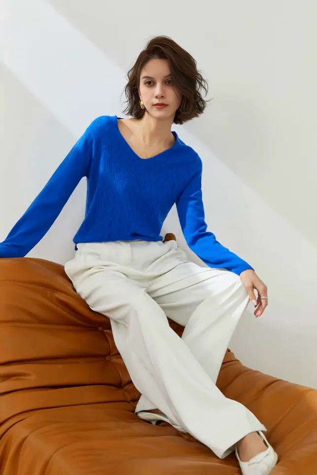Lightweight V Neck Cable Knit Wool Sweater