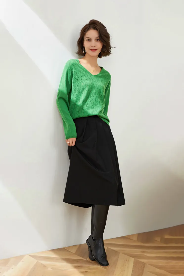 Lightweight V Neck Cable Knit Wool Sweater