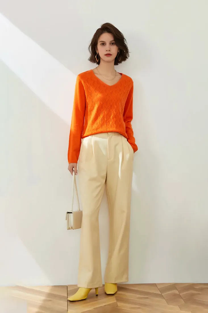 Lightweight V Neck Cable Knit Wool Sweater