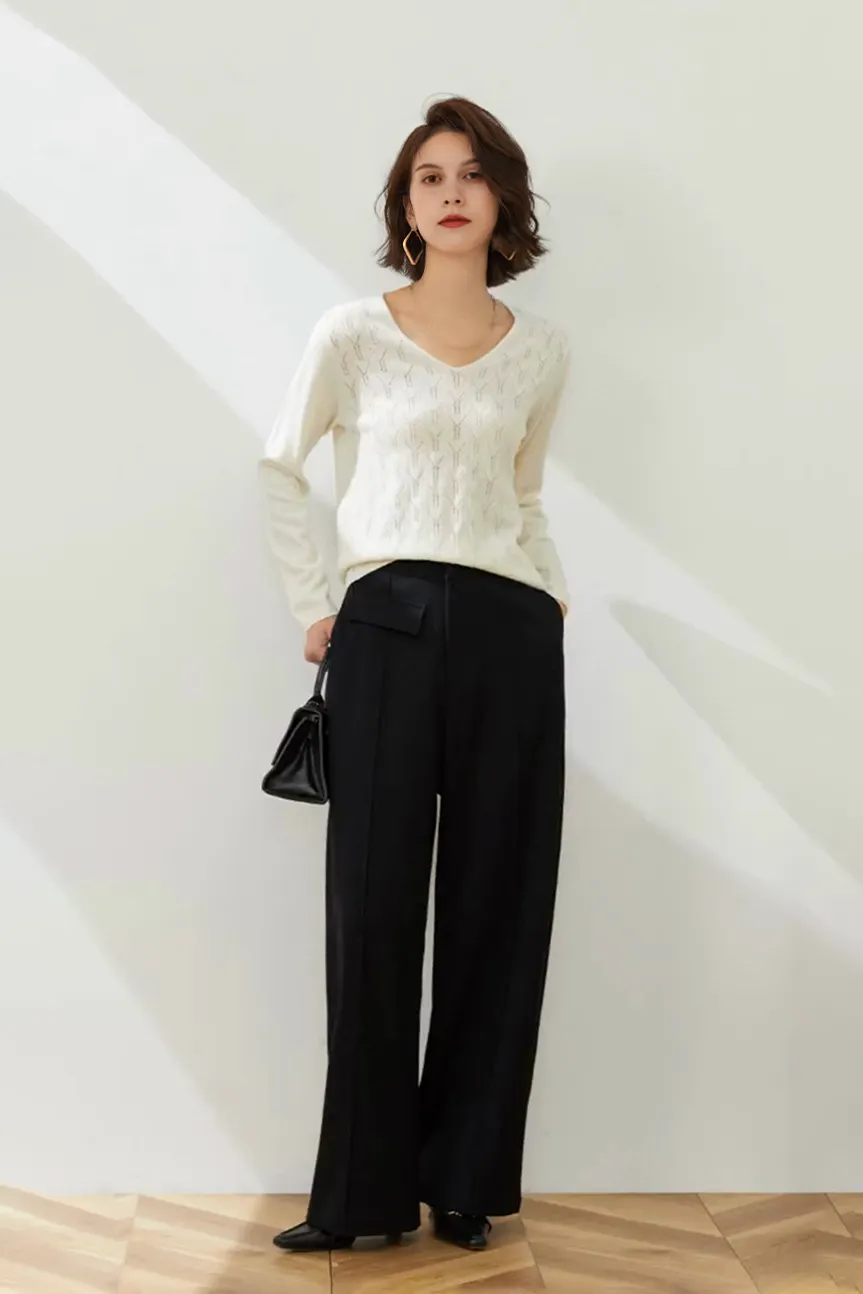 Lightweight V Neck Cable Knit Wool Sweater