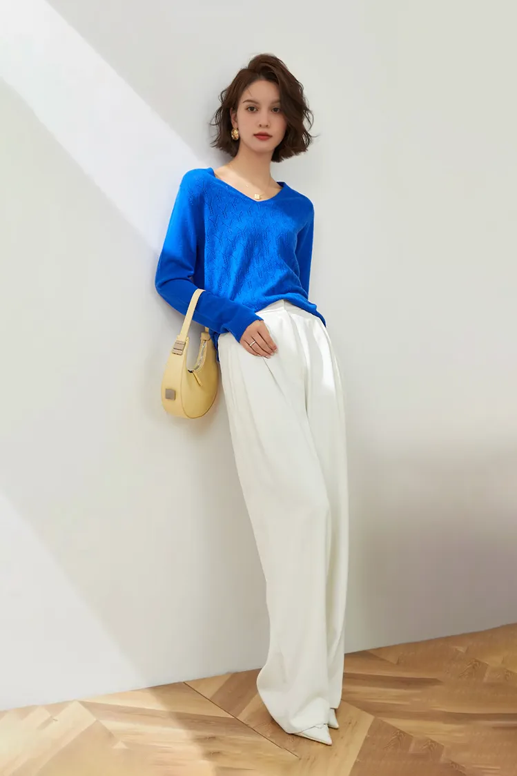 Lightweight V Neck Cable Knit Wool Sweater