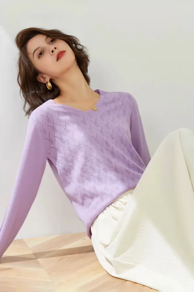 Lightweight V Neck Cable Knit Wool Sweater