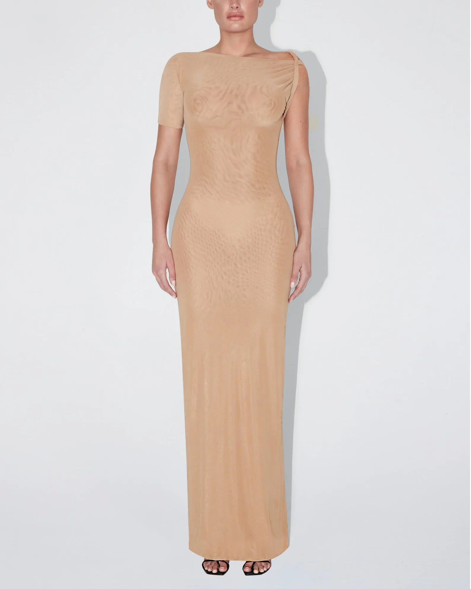 Mesh Stretch Twist Maxi Dress | Nude