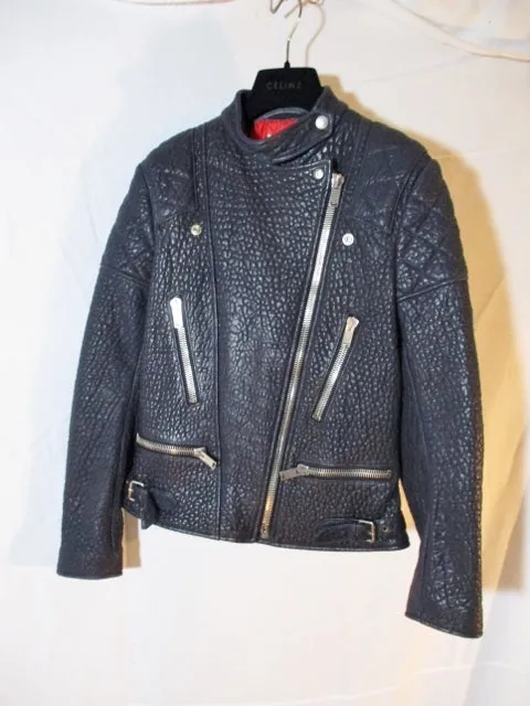 New CELINE ITALY LEATHER Moto Riding jacket coat 36 NAVY BLUE NWT Rocker Womens Flight Bomber