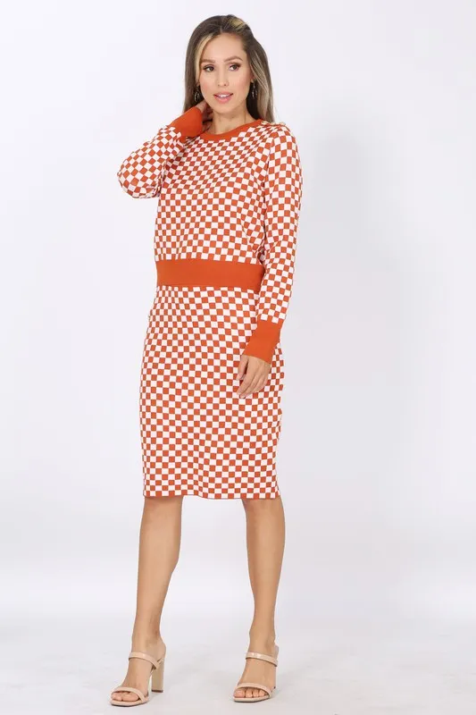 Orange Monochrome Check Sweater Set