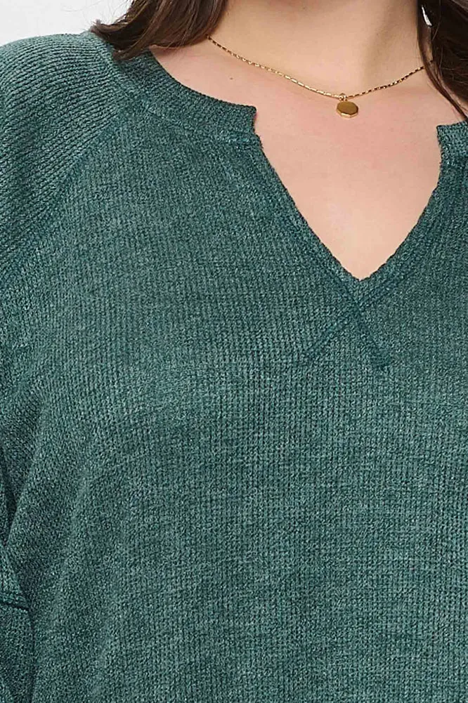 Plus Split Neck LS Raglan Knit Top in Hunter Green by Blu Pepper