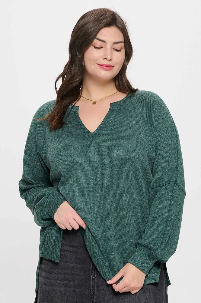 Plus Split Neck LS Raglan Knit Top in Hunter Green by Blu Pepper
