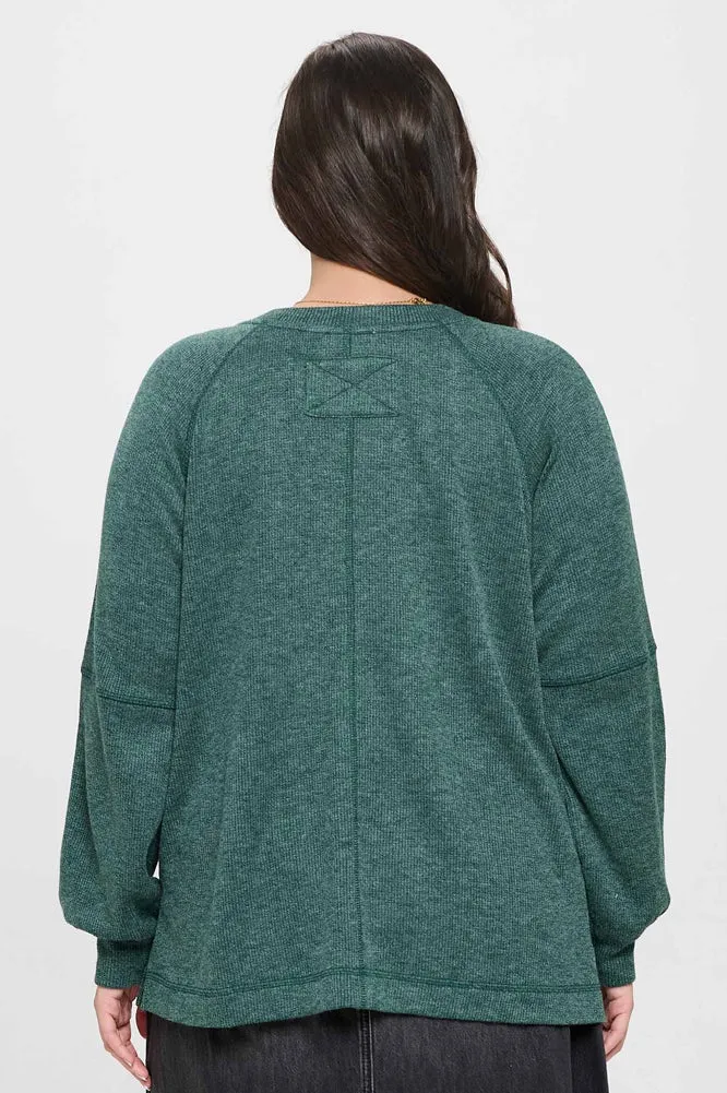 Plus Split Neck LS Raglan Knit Top in Hunter Green by Blu Pepper