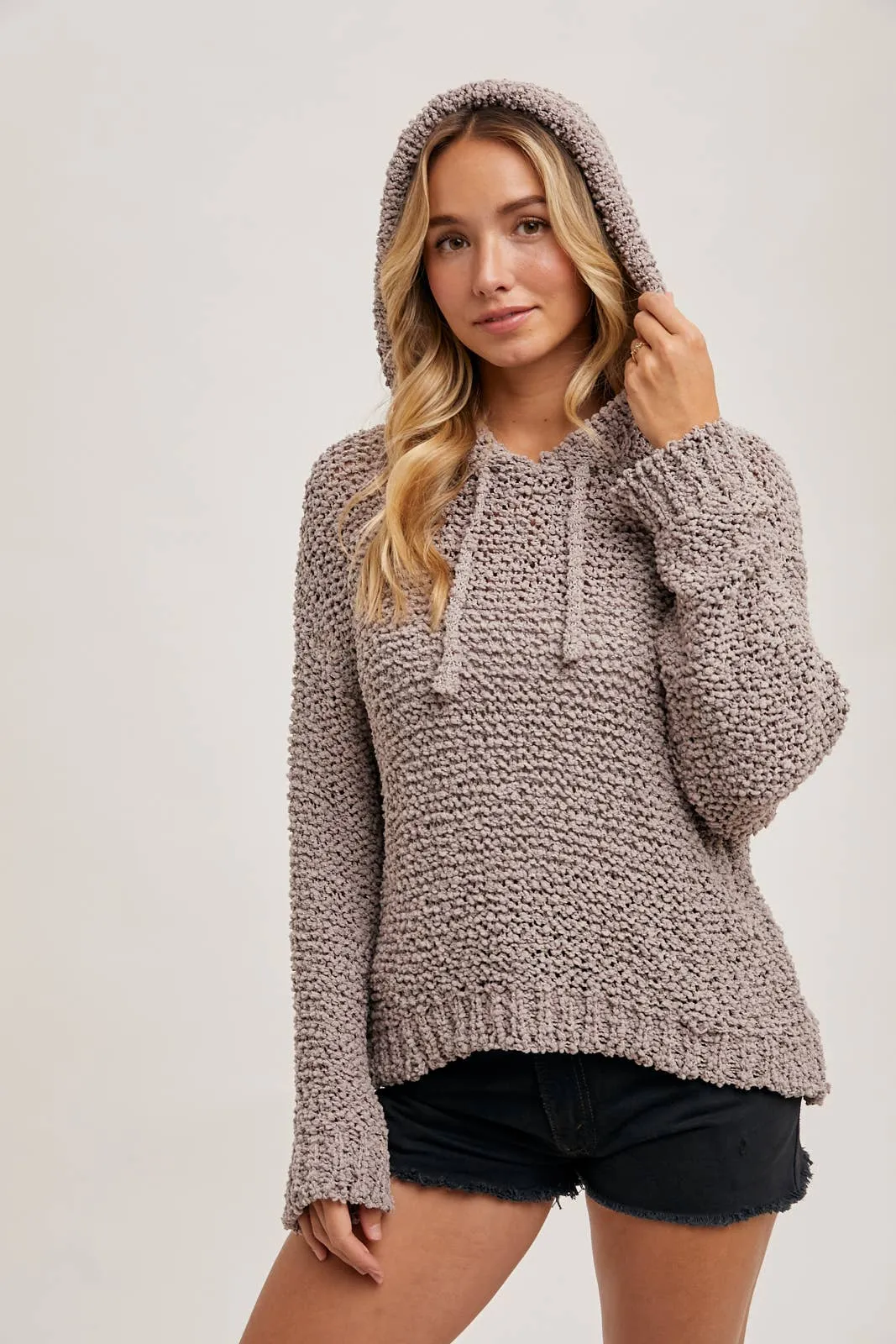 Popcorn Knit Hooded Sweater