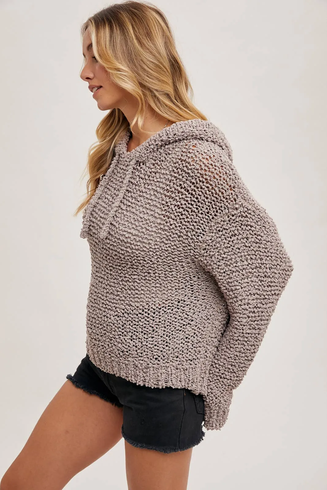 Popcorn Knit Hooded Sweater