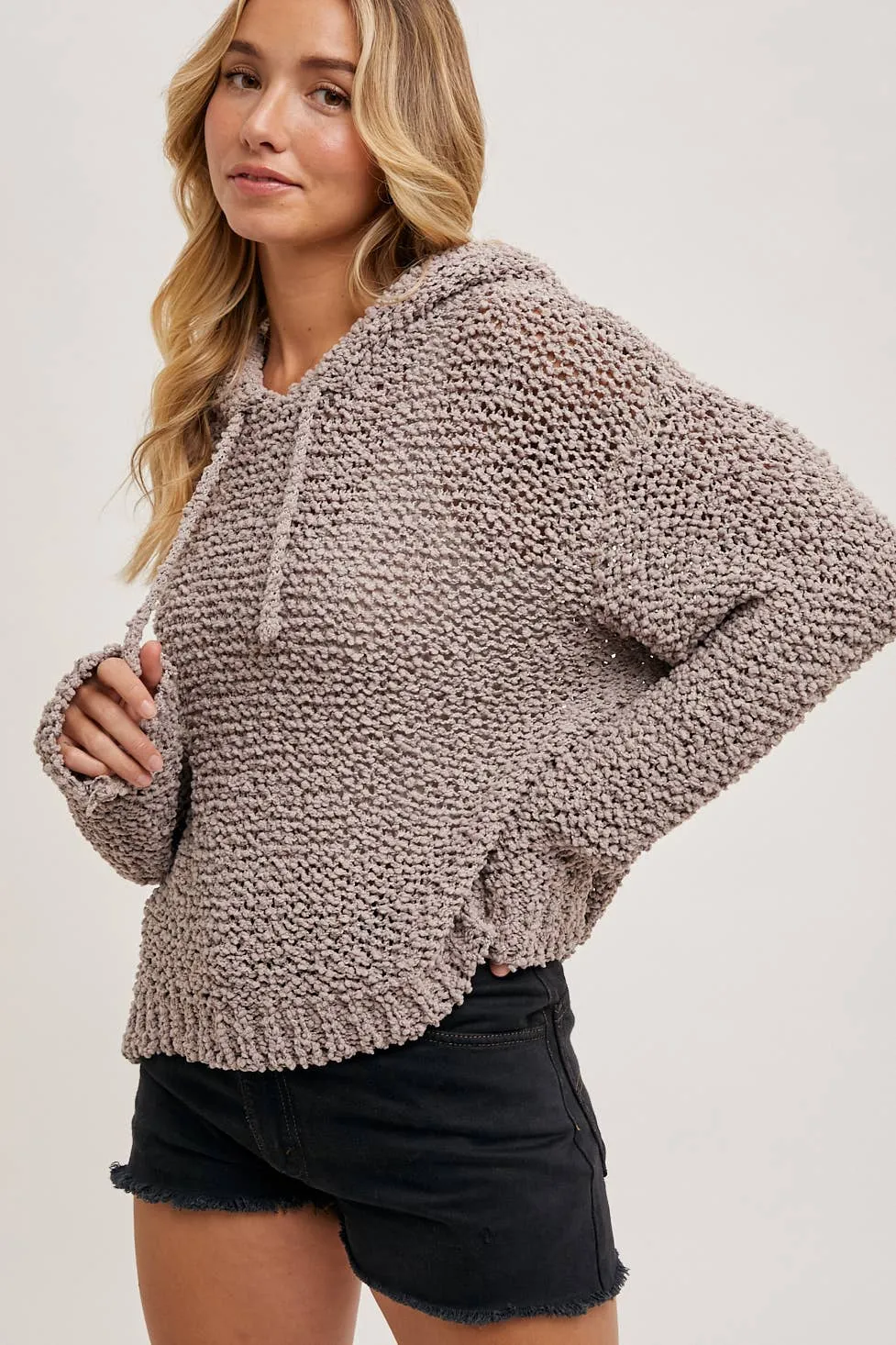 Popcorn Knit Hooded Sweater