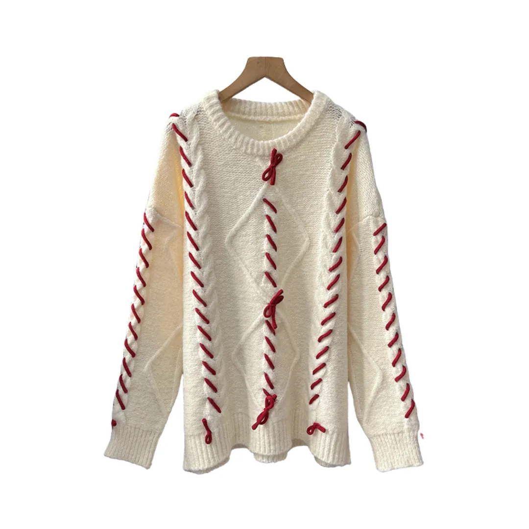 Pre Order:  Bow Knot Round Neck Long Sleeve Knitted Sweater