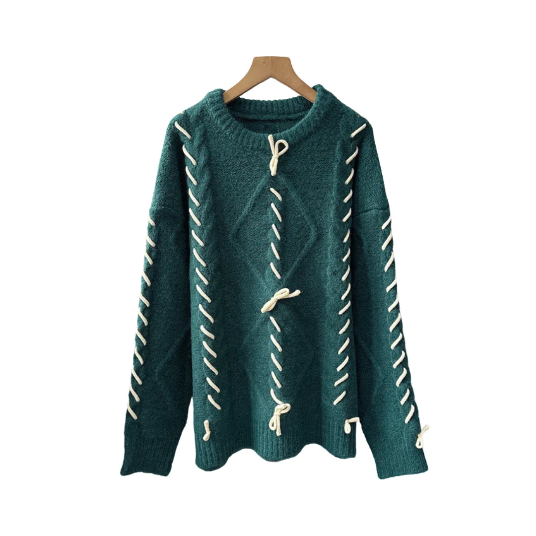 Pre Order:  Bow Knot Round Neck Long Sleeve Knitted Sweater