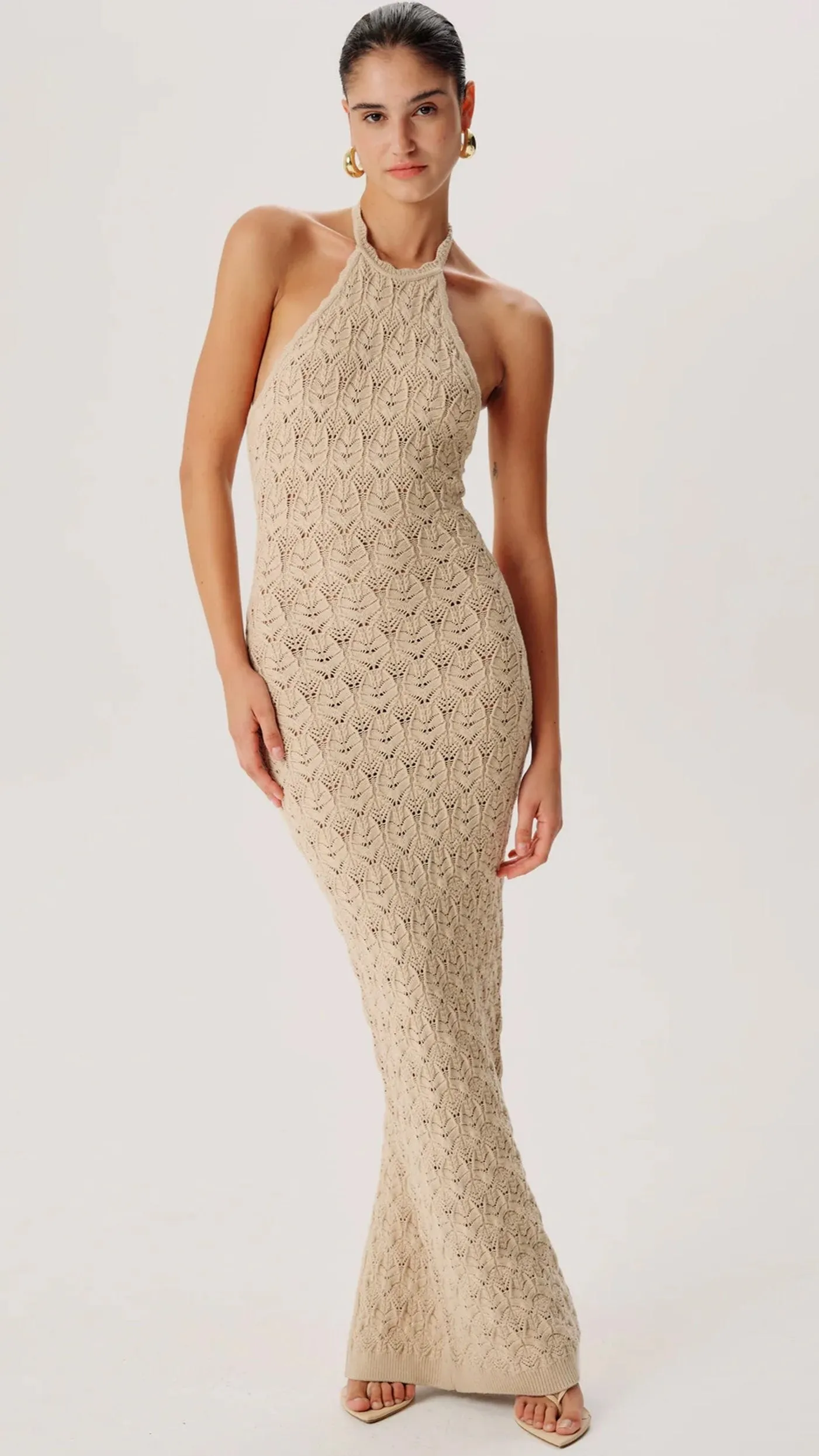 Ronny Kobo Kaiden Halter Knit Maxi Dress in Ecru