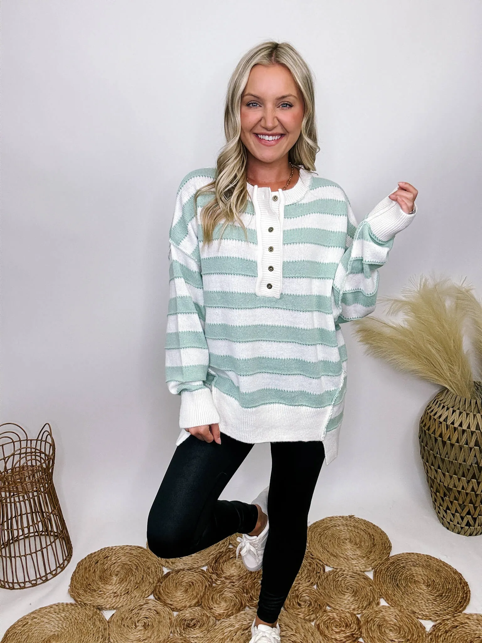 Sage and White Striped Button Down Oversized Sweater