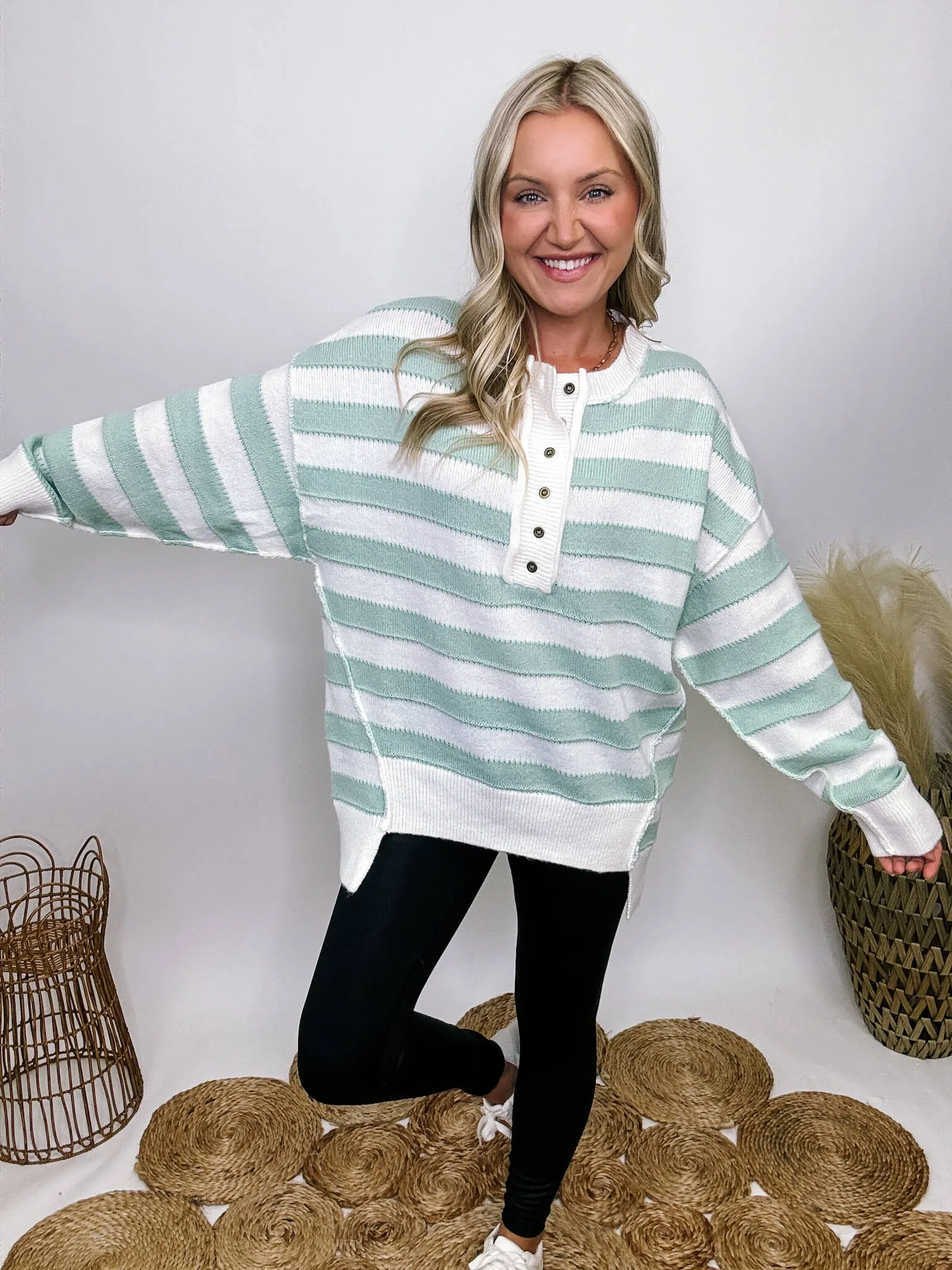 Sage and White Striped Button Down Oversized Sweater