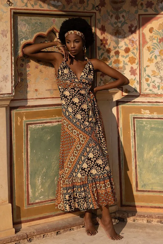 Sissy Cotton Maxi Dress - Aya Orange Blockprint