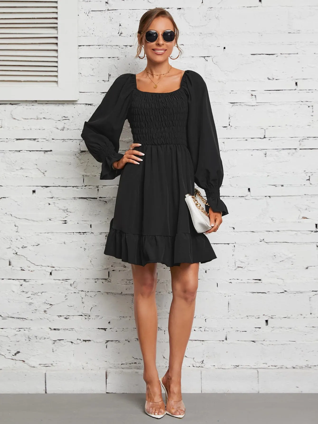 Square Neck Poet Sleeves Smocked Mini Dress