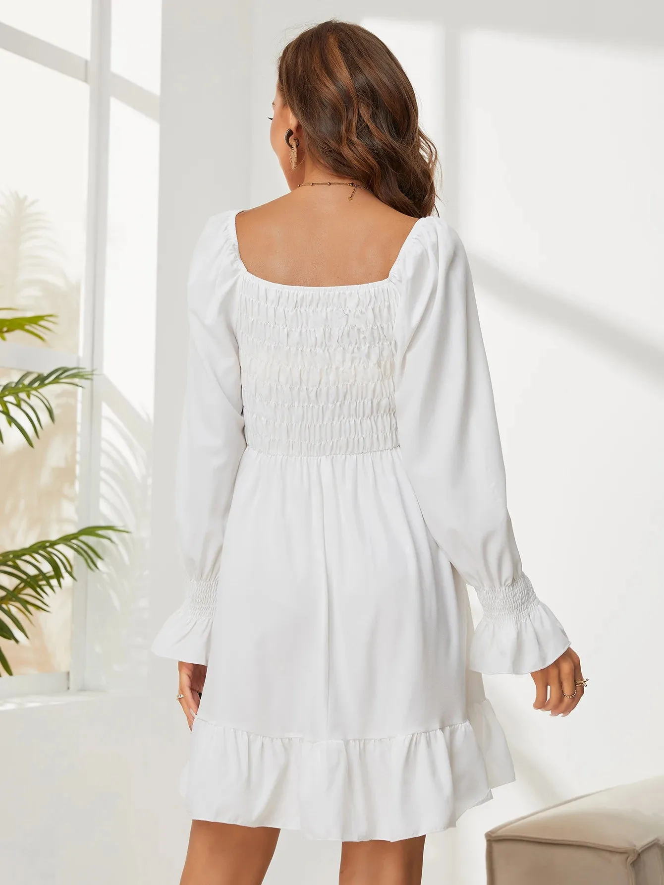 Square Neck Poet Sleeves Smocked Mini Dress