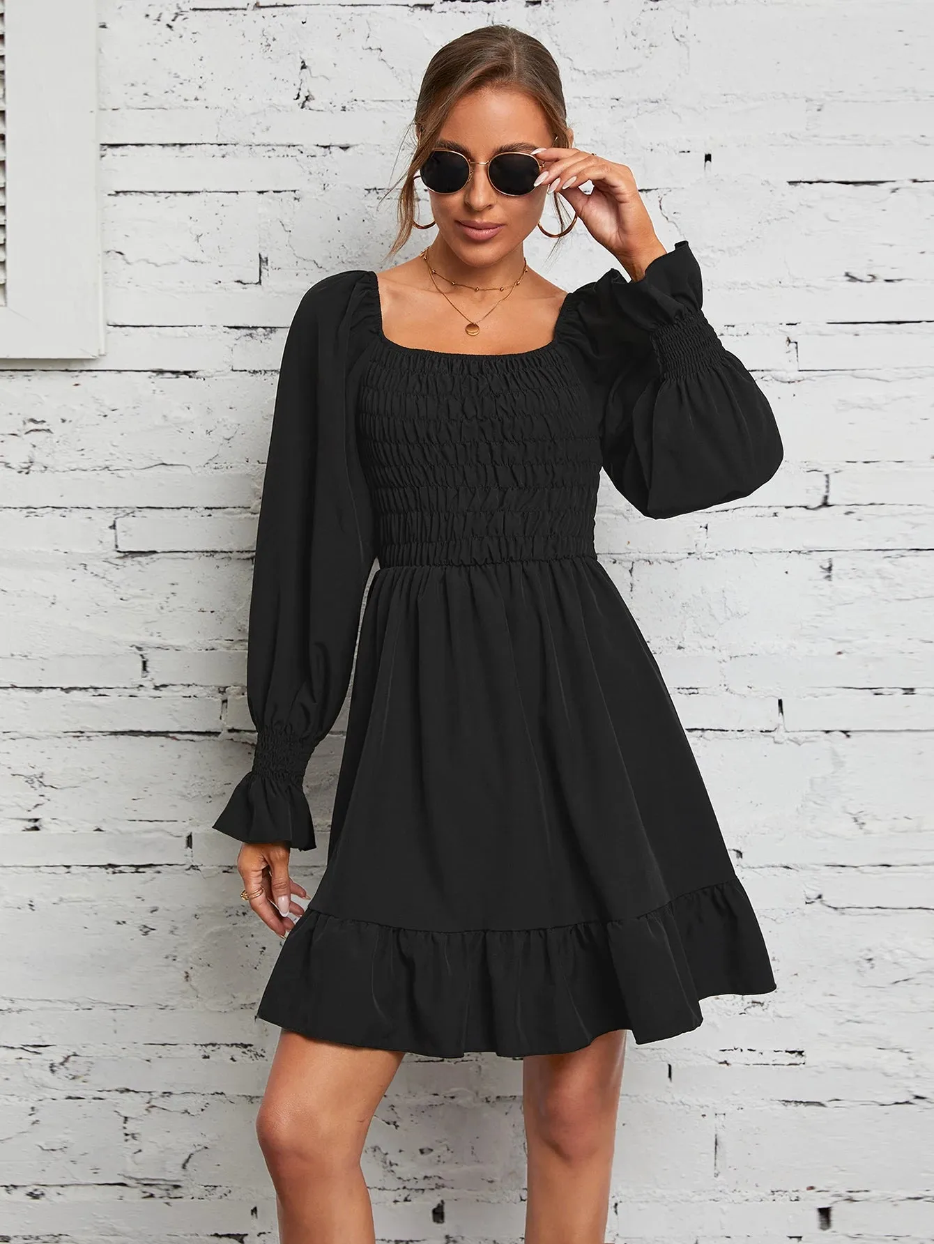 Square Neck Poet Sleeves Smocked Mini Dress