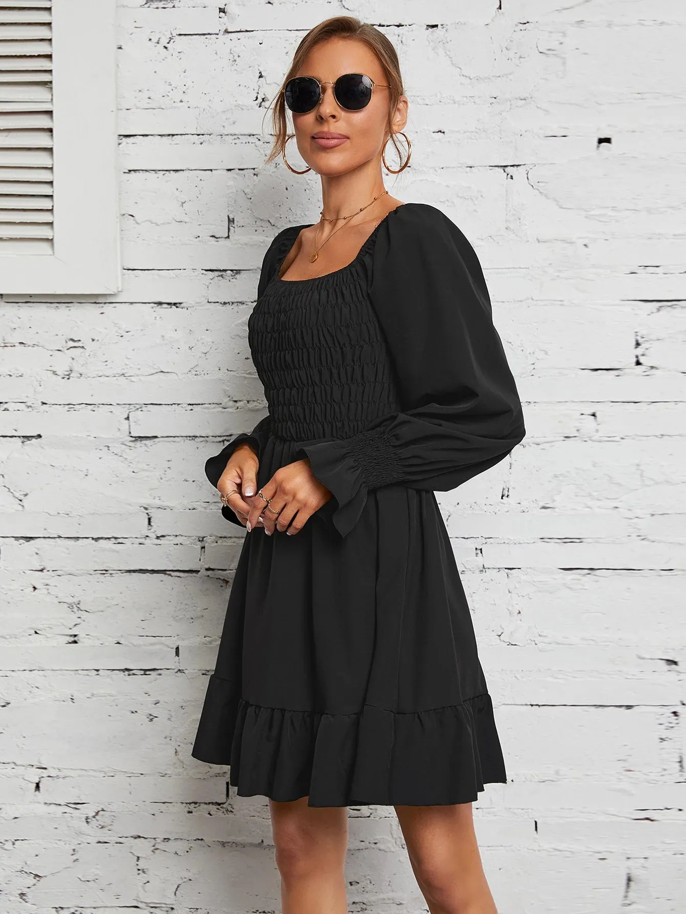Square Neck Poet Sleeves Smocked Mini Dress