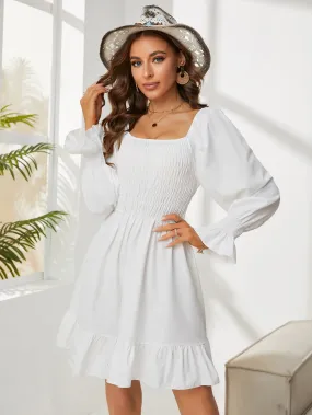 Square Neck Poet Sleeves Smocked Mini Dress