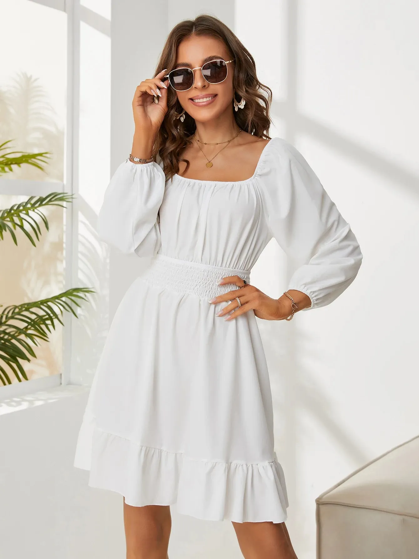 Square Neck Poet Sleeves Smocked Mini Dress
