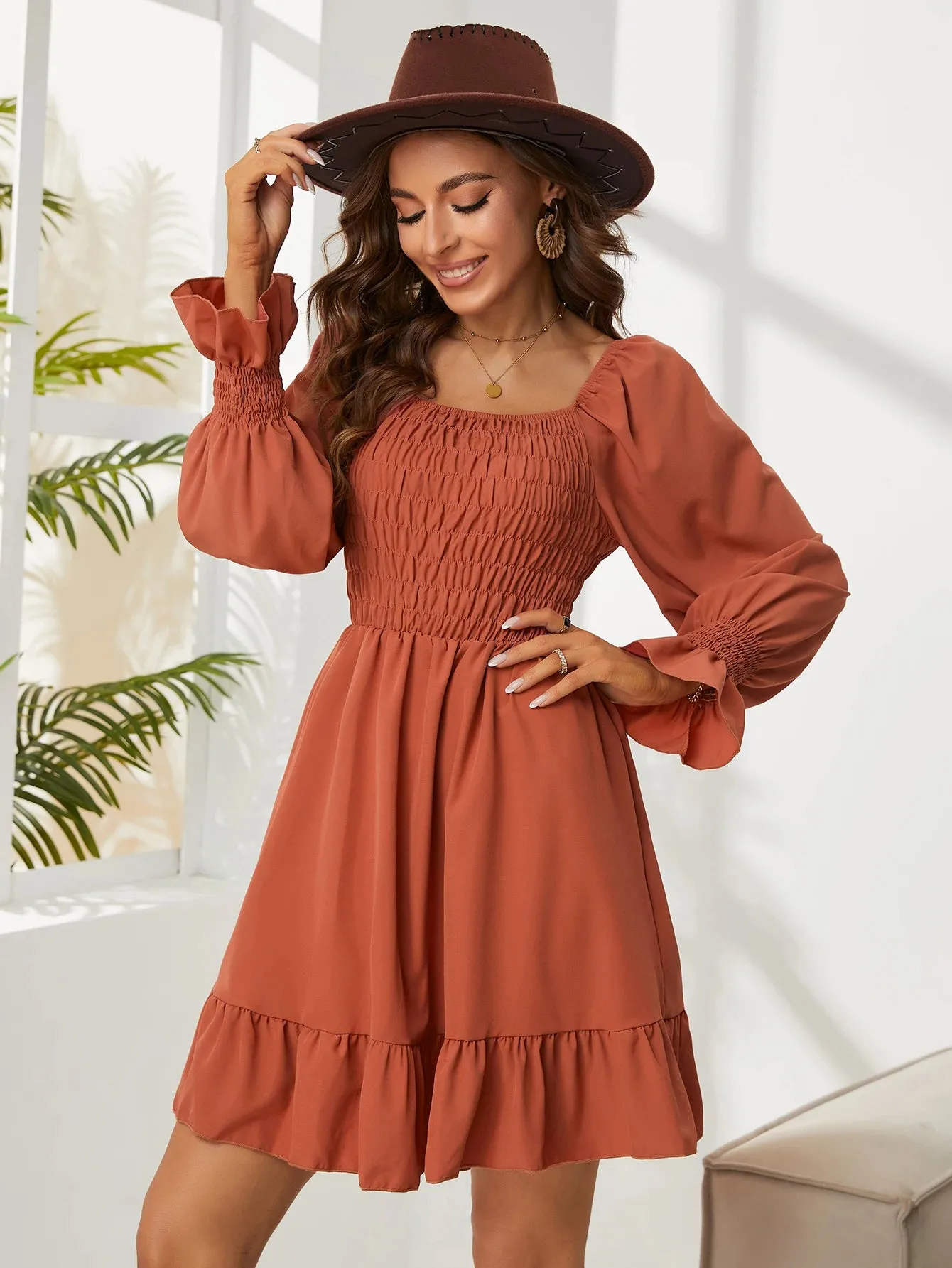 Square Neck Poet Sleeves Smocked Mini Dress