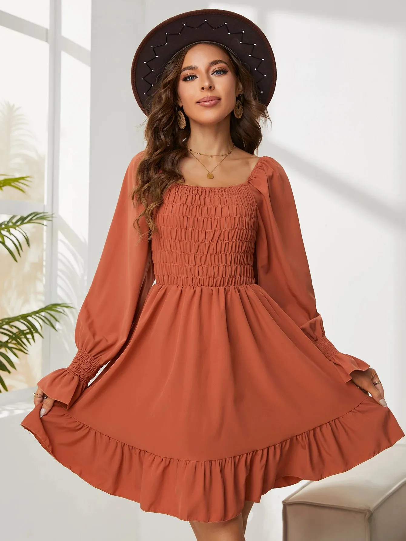 Square Neck Poet Sleeves Smocked Mini Dress