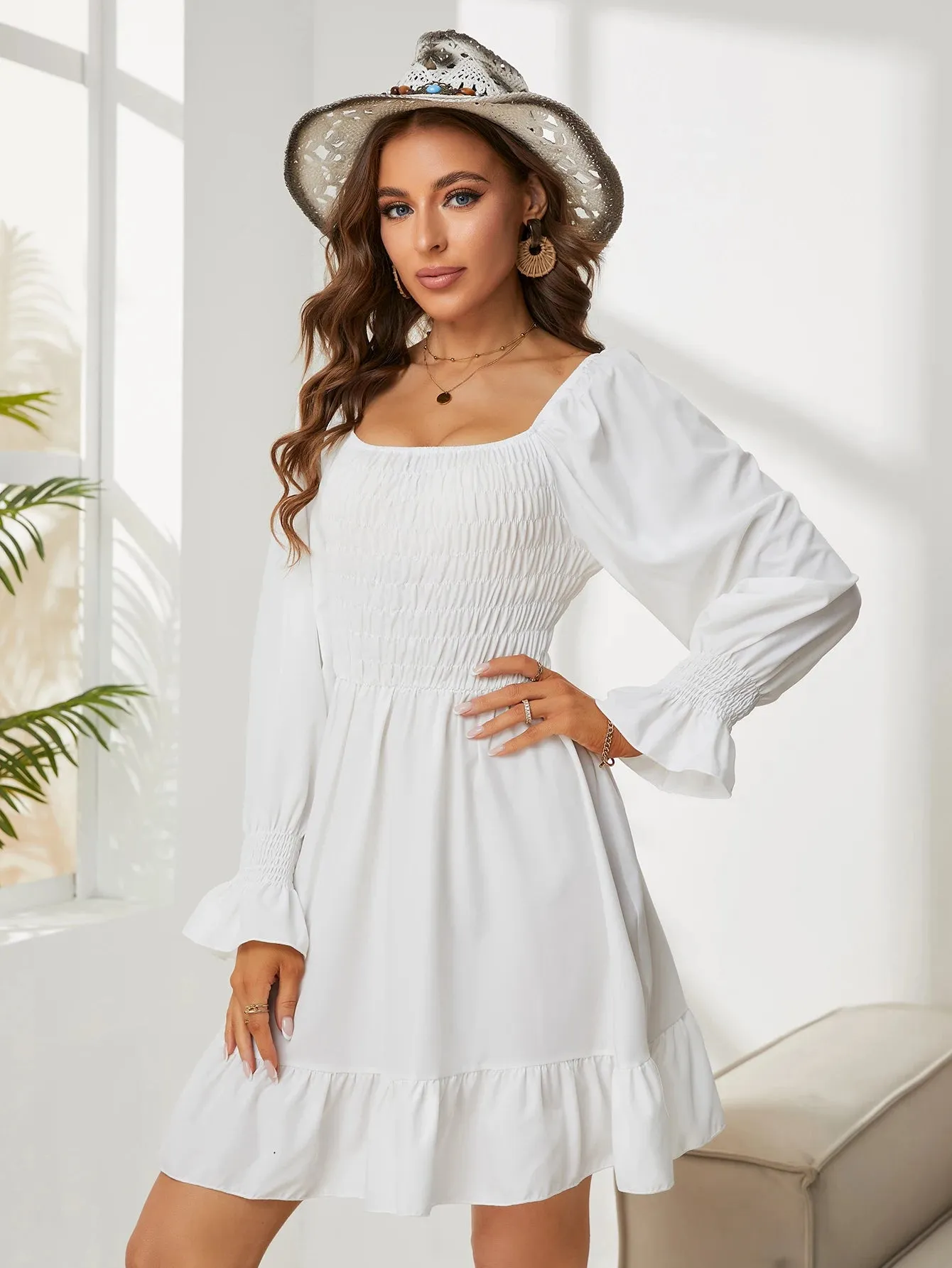 Square Neck Poet Sleeves Smocked Mini Dress