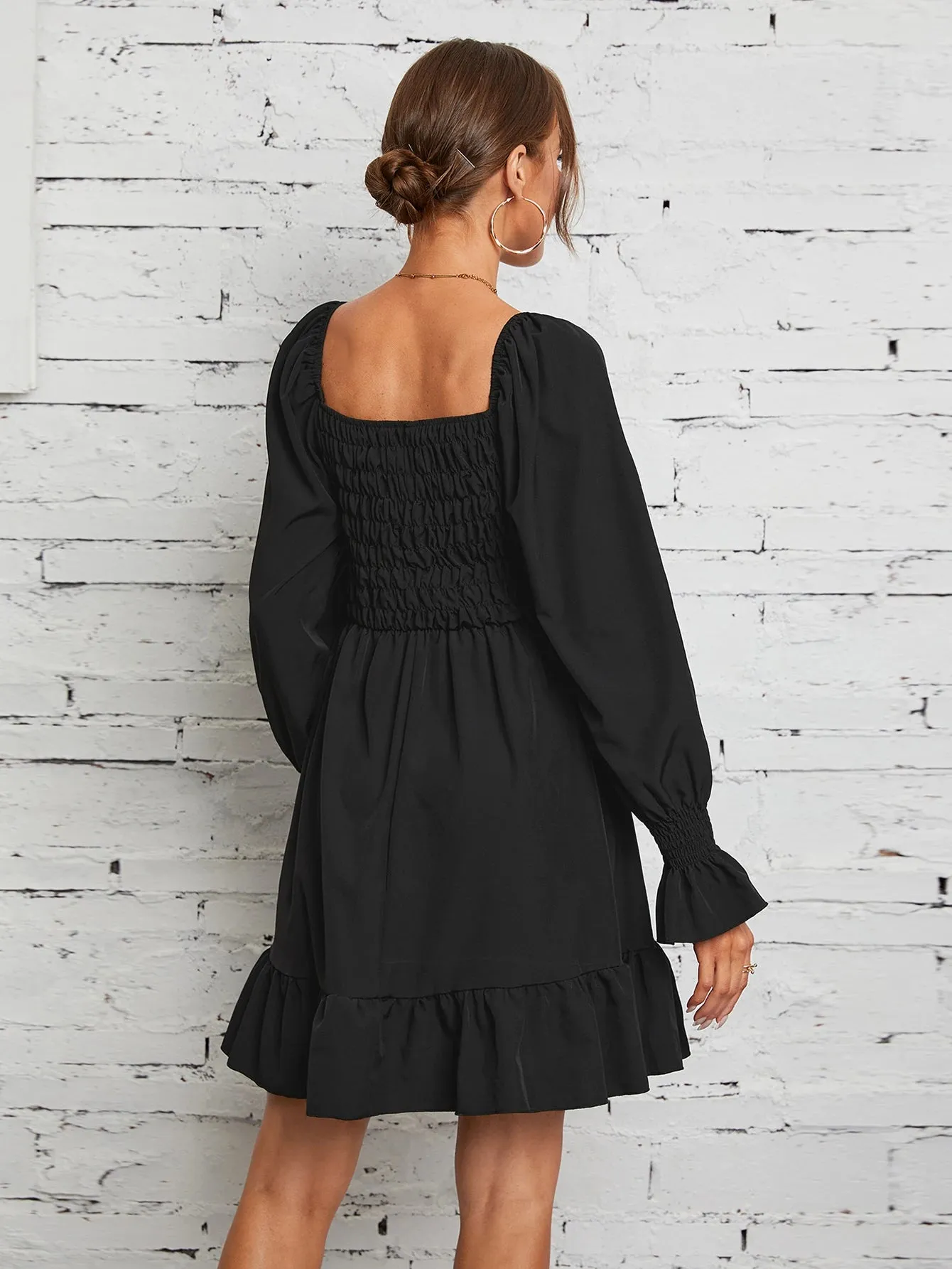 Square Neck Poet Sleeves Smocked Mini Dress