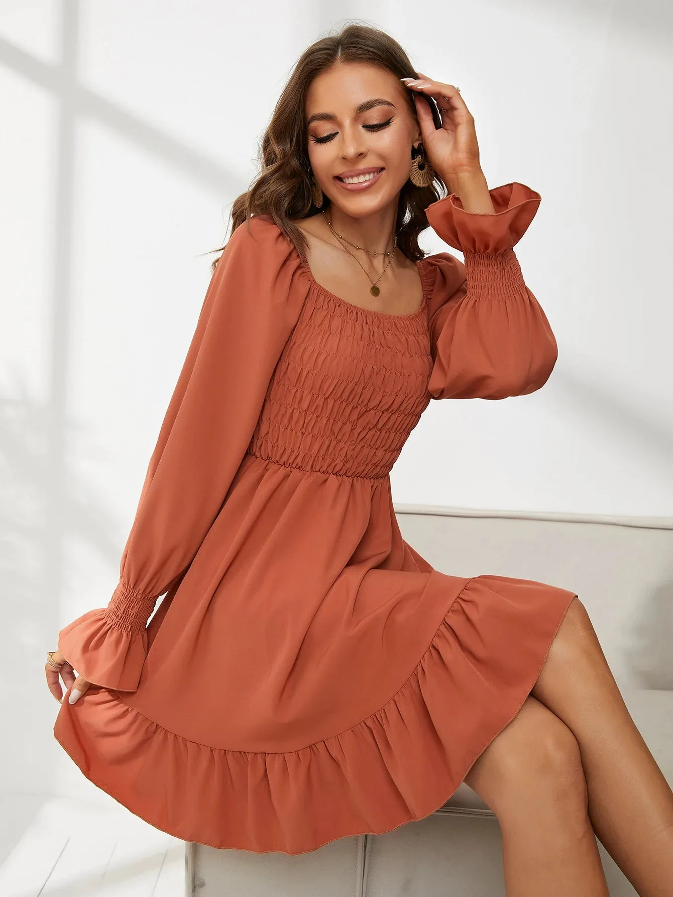 Square Neck Poet Sleeves Smocked Mini Dress