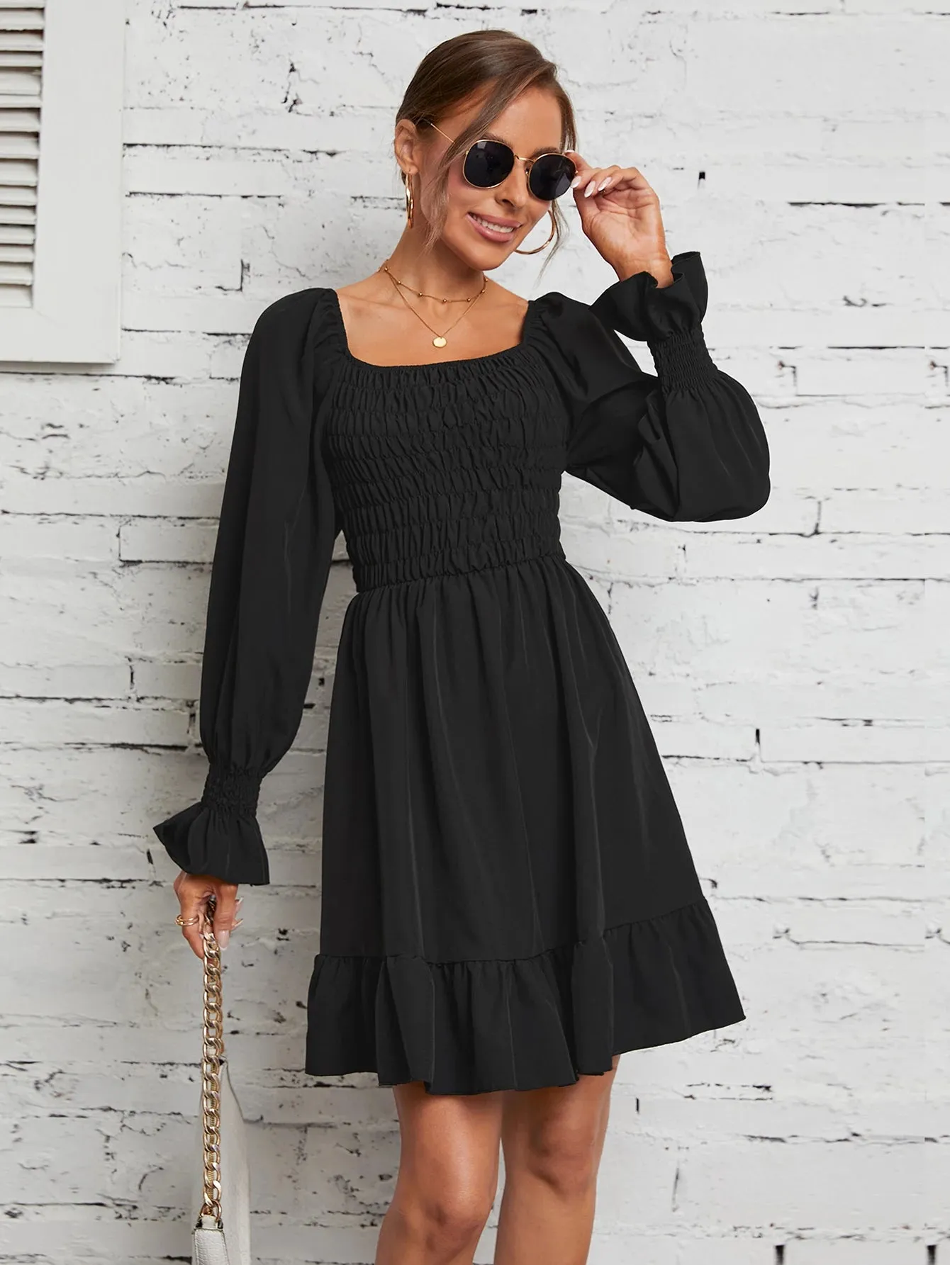 Square Neck Poet Sleeves Smocked Mini Dress